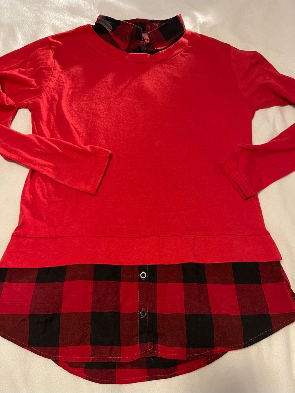 Red Layered Plaid Hem Sweatshirt by Jaquine
